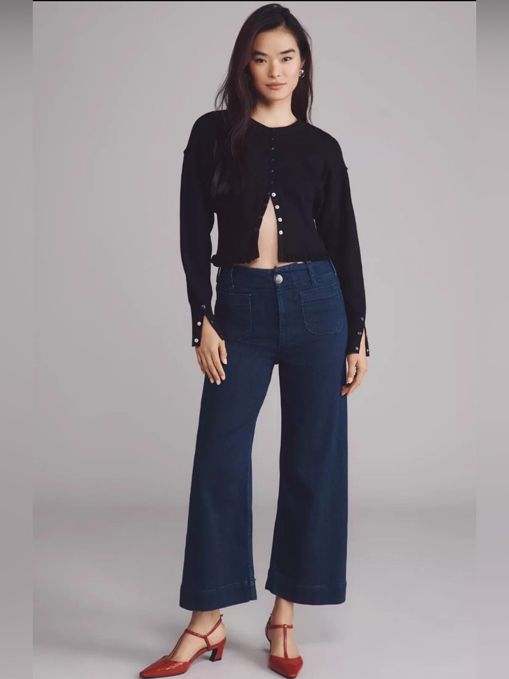 Anthropologie Maeve Colette High-Rise Wide-Leg Cropped Jeans Dark Blue Size 34